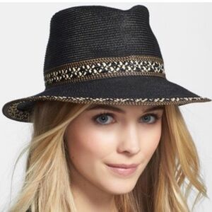 Eric Javits - Black Fedora with Tan Patterned Band - UPF 50+